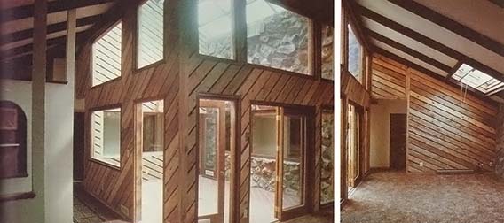 LEFT: The atrium admits light into the inner sanctum of the dwelling. RIGHT: One of three Zomeworks Skylids helps to cast natural light into what would have been a dark living room corner.